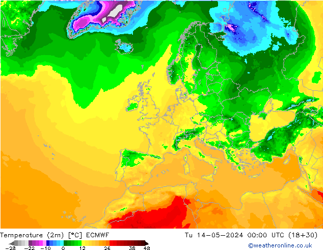 Temperatuurkaart (2m) ECMWF di 14.05.2024 00 UTC