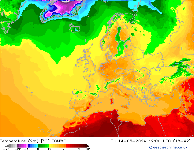 Temperaturkarte (2m) ECMWF Di 14.05.2024 12 UTC