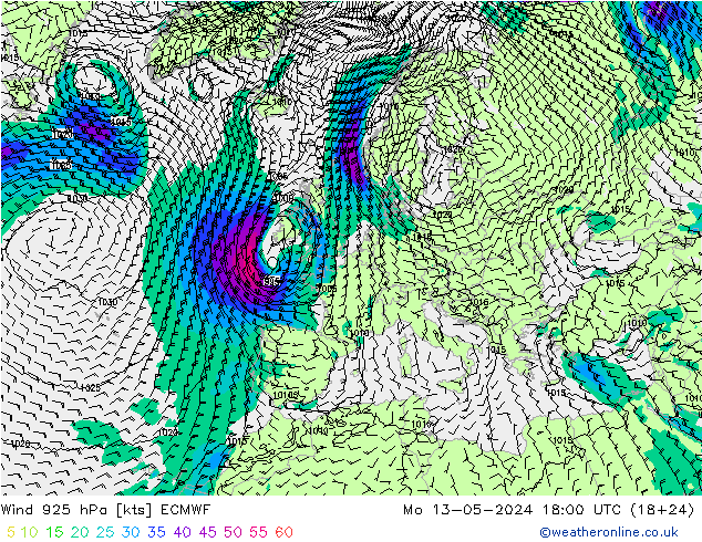 Wind 925 hPa ECMWF Po 13.05.2024 18 UTC
