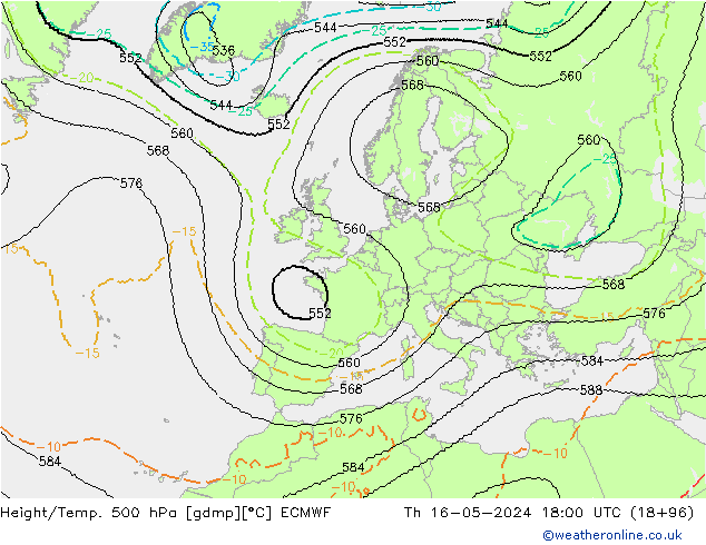 Height/Temp. 500 hPa ECMWF Čt 16.05.2024 18 UTC