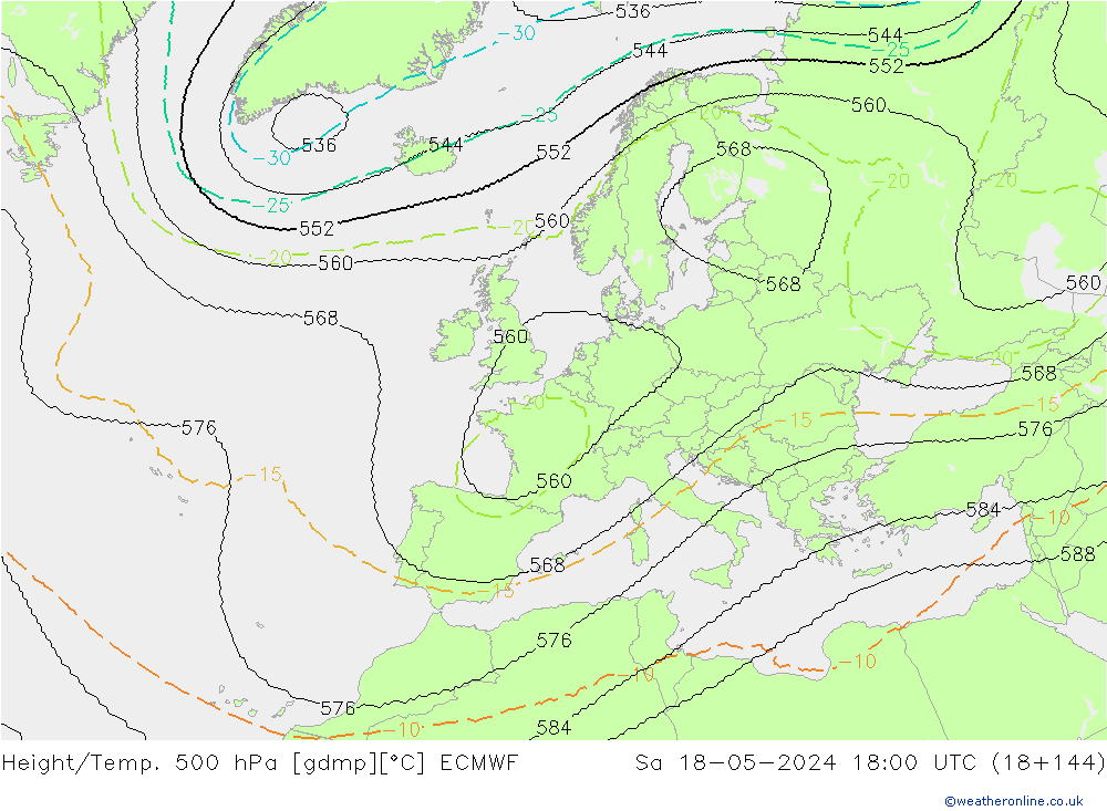 Height/Temp. 500 hPa ECMWF Sa 18.05.2024 18 UTC