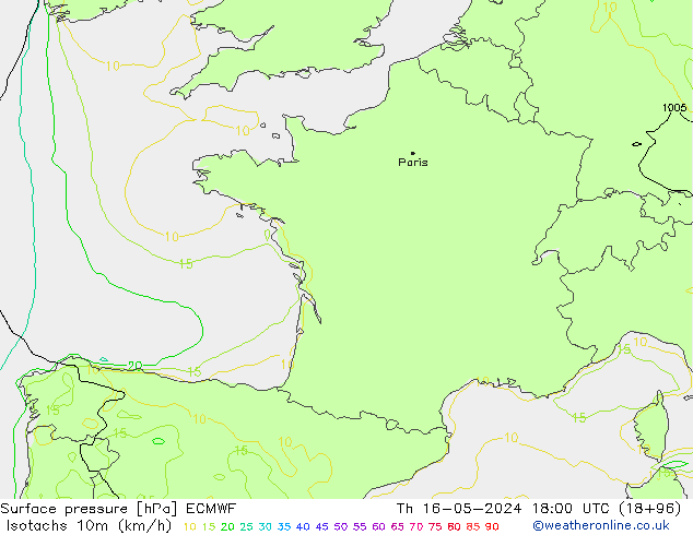 Isotaca (kph) ECMWF jue 16.05.2024 18 UTC