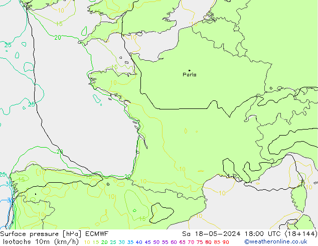 Isotachs (kph) ECMWF sab 18.05.2024 18 UTC