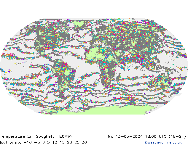 Temperature 2m Spaghetti ECMWF Mo 13.05.2024 18 UTC