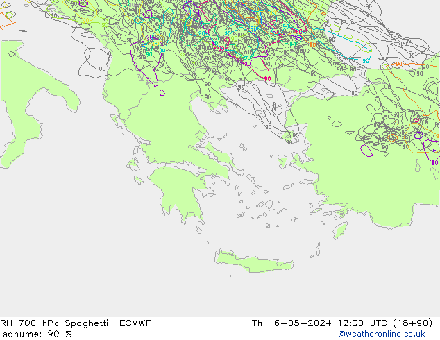 RH 700 hPa Spaghetti ECMWF Čt 16.05.2024 12 UTC