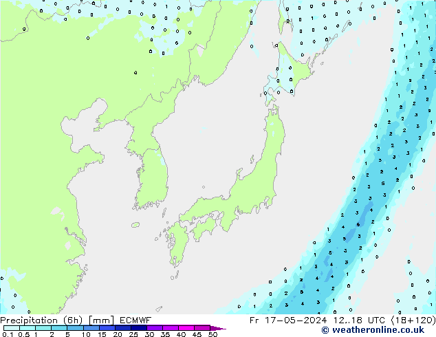 Precipitation (6h) ECMWF Pá 17.05.2024 18 UTC