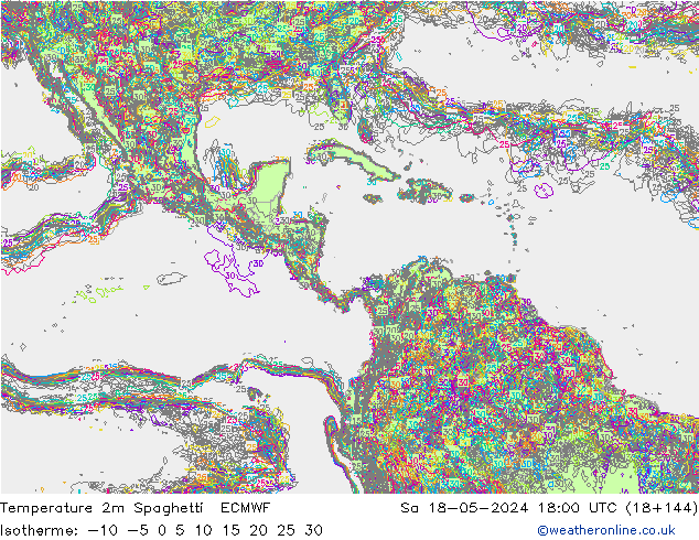 карта температуры Spaghetti ECMWF сб 18.05.2024 18 UTC