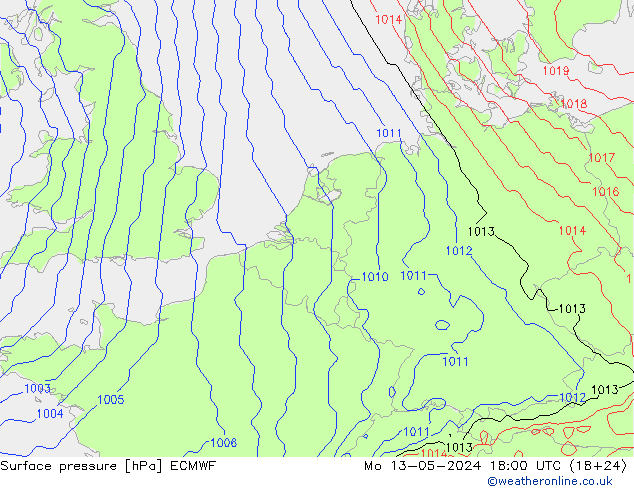 Presión superficial ECMWF lun 13.05.2024 18 UTC