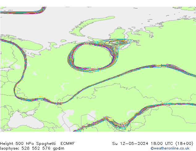 Height 500 hPa Spaghetti ECMWF Ne 12.05.2024 18 UTC
