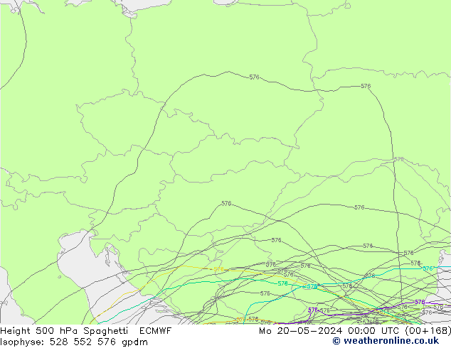 Height 500 гПа Spaghetti ECMWF пн 20.05.2024 00 UTC