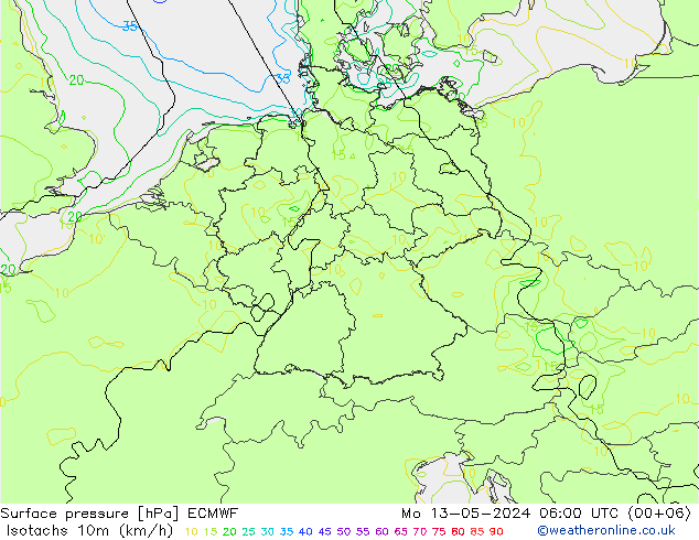 10米等风速线 (kph) ECMWF 星期一 13.05.2024 06 UTC