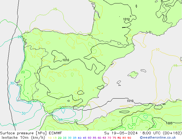 Isotachs (kph) ECMWF Su 19.05.2024 18 UTC