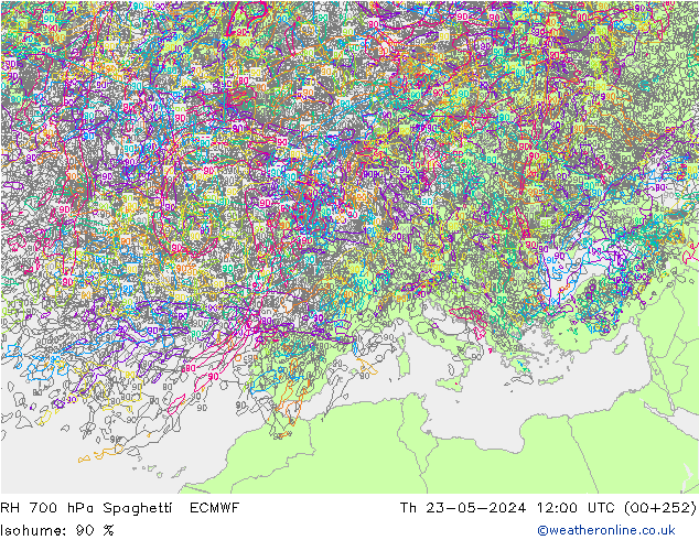 RH 700 hPa Spaghetti ECMWF Čt 23.05.2024 12 UTC