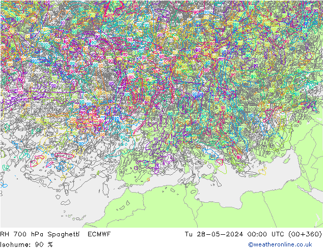 RH 700 hPa Spaghetti ECMWF Di 28.05.2024 00 UTC