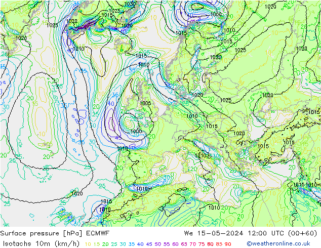 Isotachs (kph) ECMWF ср 15.05.2024 12 UTC