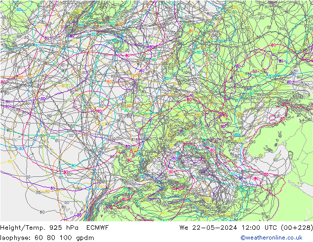 Hoogte/Temp. 925 hPa ECMWF wo 22.05.2024 12 UTC
