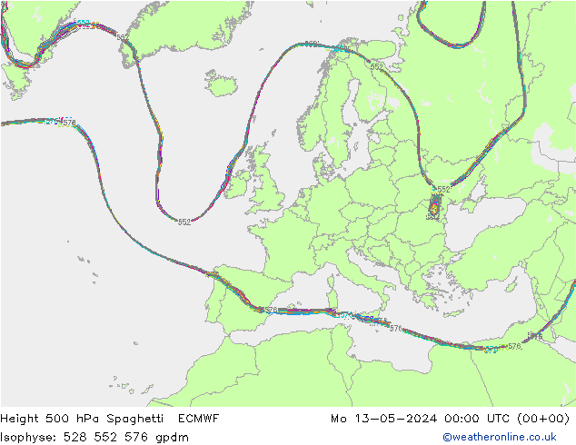 Height 500 hPa Spaghetti ECMWF Mo 13.05.2024 00 UTC