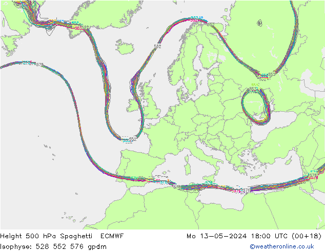 Height 500 hPa Spaghetti ECMWF Mo 13.05.2024 18 UTC