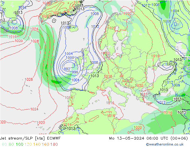 джет/приземное давление ECMWF пн 13.05.2024 06 UTC