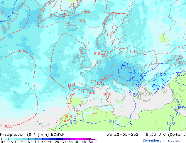 Totale neerslag (6h) ECMWF wo 22.05.2024 00 UTC