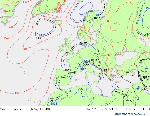 Pressione al suolo ECMWF dom 19.05.2024 06 UTC