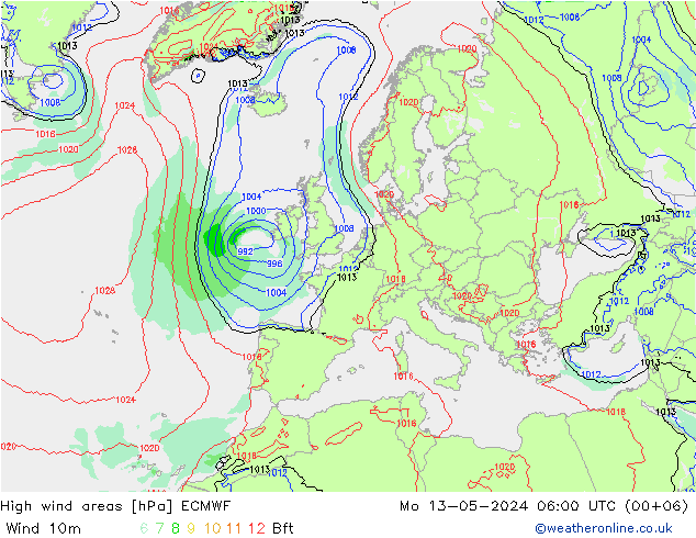 High wind areas ECMWF 星期一 13.05.2024 06 UTC
