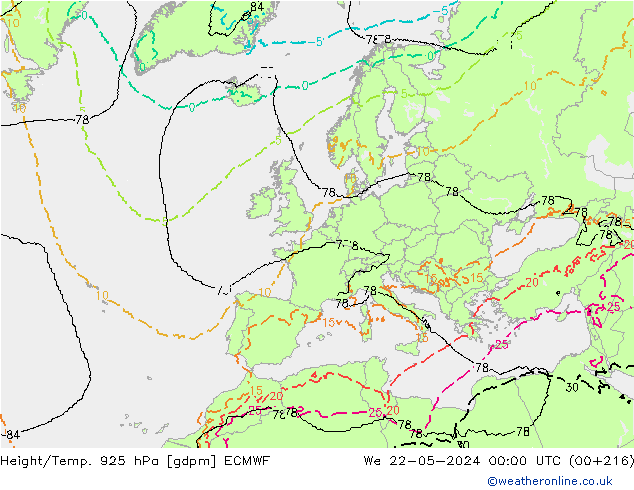 Yükseklik/Sıc. 925 hPa ECMWF Çar 22.05.2024 00 UTC