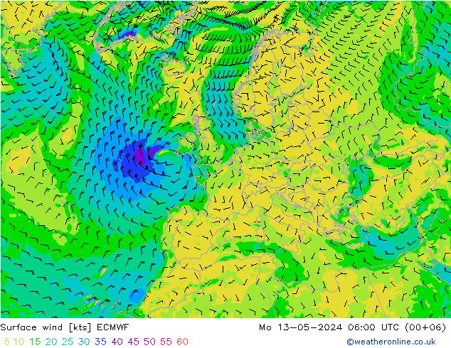 Surface wind ECMWF Po 13.05.2024 06 UTC