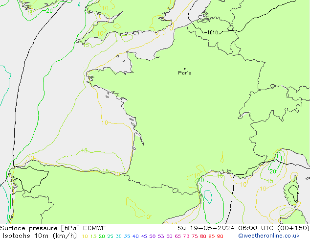 Eşrüzgar Hızları (km/sa) ECMWF Paz 19.05.2024 06 UTC