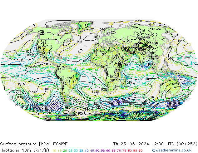 Isotachs (kph) ECMWF чт 23.05.2024 12 UTC