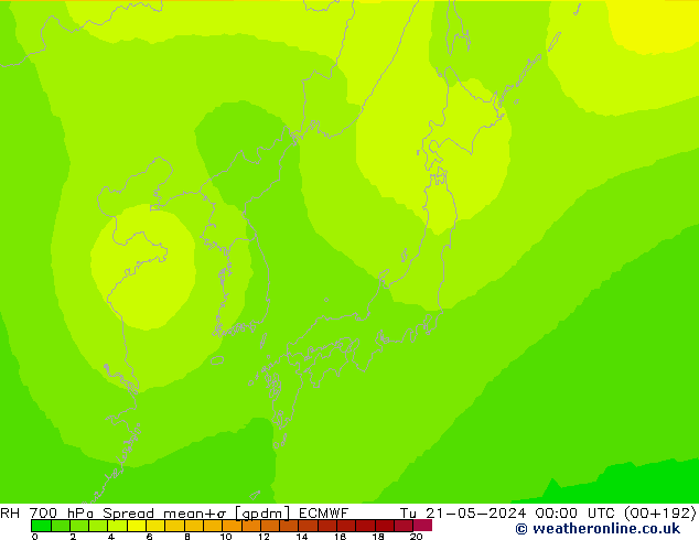 Humedad rel. 700hPa Spread ECMWF mar 21.05.2024 00 UTC