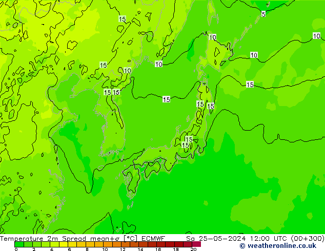 Temperature 2m Spread ECMWF Sa 25.05.2024 12 UTC
