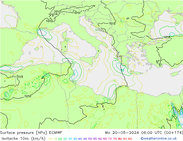 Isotachs (kph) ECMWF Po 20.05.2024 06 UTC