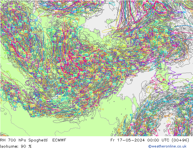 Humedad rel. 700hPa Spaghetti ECMWF vie 17.05.2024 00 UTC