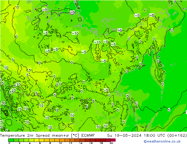 Temperatura 2m Spread ECMWF Dom 19.05.2024 18 UTC