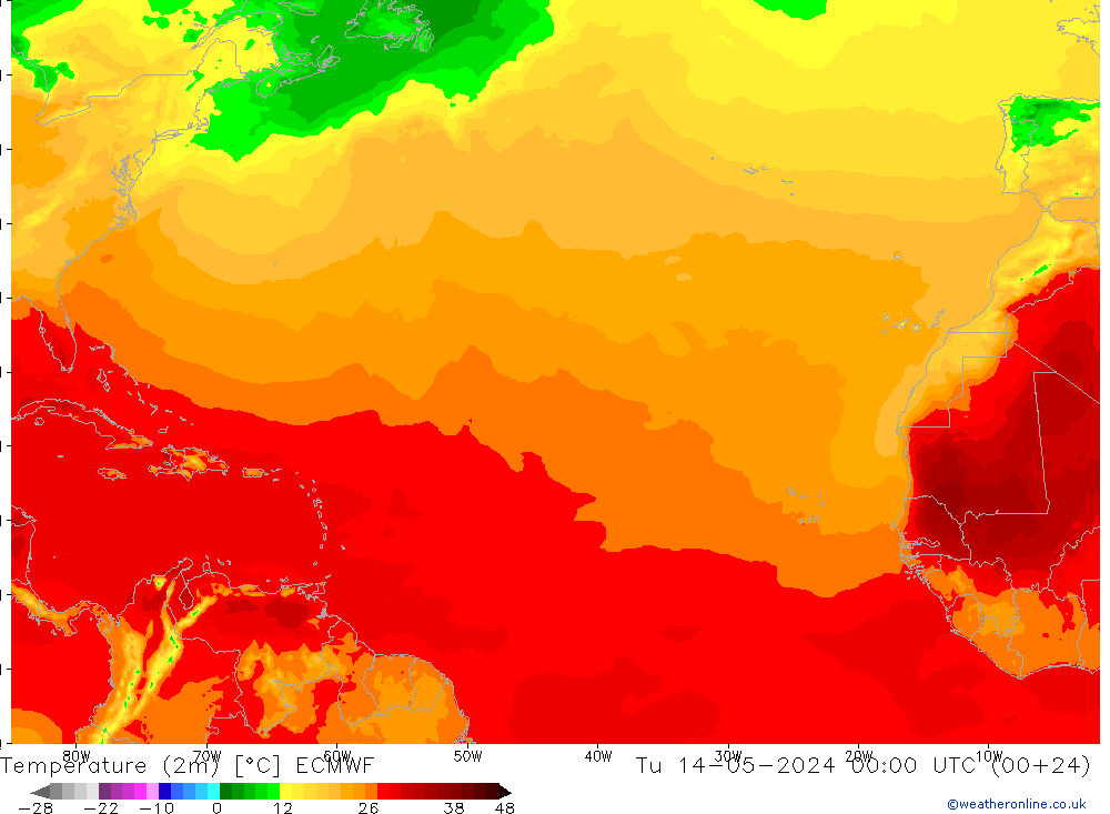 Temperatuurkaart (2m) ECMWF di 14.05.2024 00 UTC
