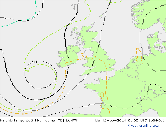 Height/Temp. 500 hPa ECMWF pon. 13.05.2024 06 UTC