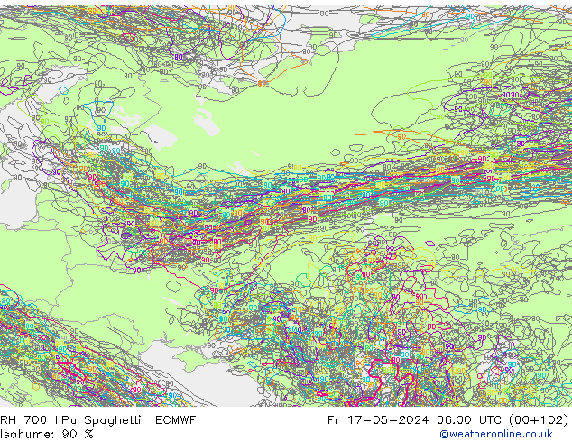RH 700 hPa Spaghetti ECMWF Pá 17.05.2024 06 UTC