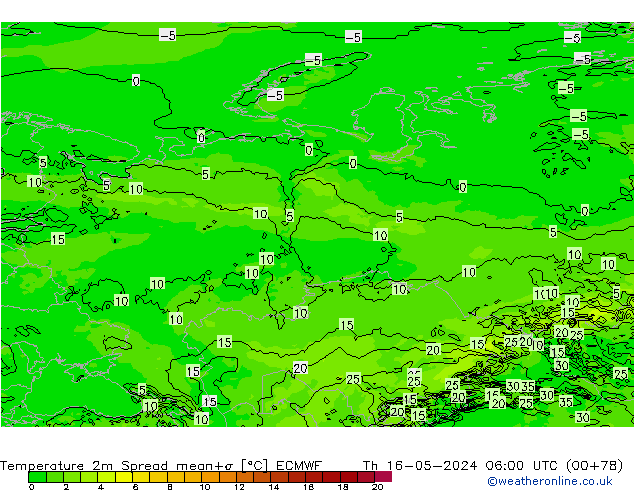 Temperatura 2m Spread ECMWF Qui 16.05.2024 06 UTC