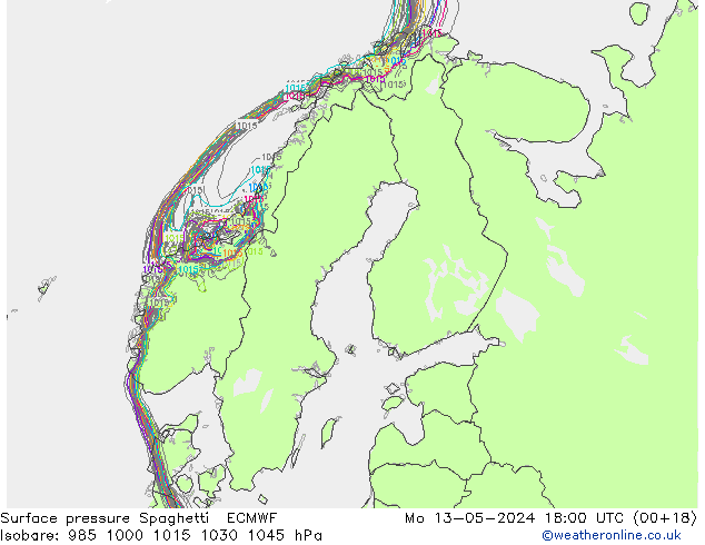 Presión superficial Spaghetti ECMWF lun 13.05.2024 18 UTC