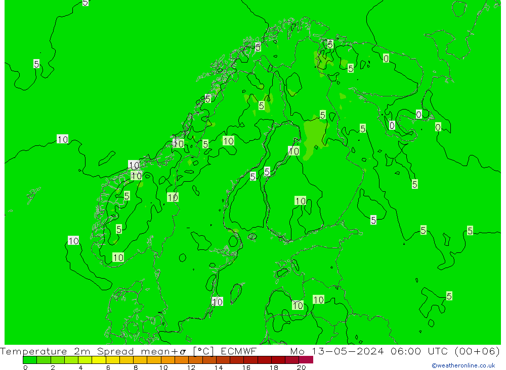 Temperatuurkaart Spread ECMWF ma 13.05.2024 06 UTC