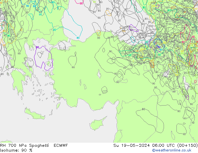RH 700 hPa Spaghetti ECMWF dom 19.05.2024 06 UTC