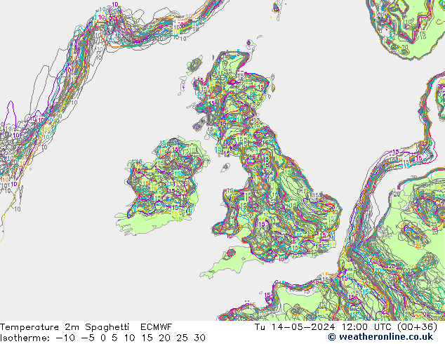 mapa temperatury 2m Spaghetti ECMWF wto. 14.05.2024 12 UTC