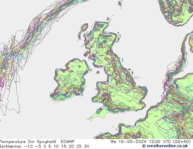 Temperatura 2m Spaghetti ECMWF mer 15.05.2024 12 UTC