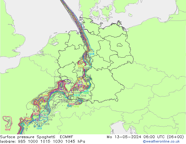 Luchtdruk op zeeniveau Spaghetti ECMWF ma 13.05.2024 06 UTC