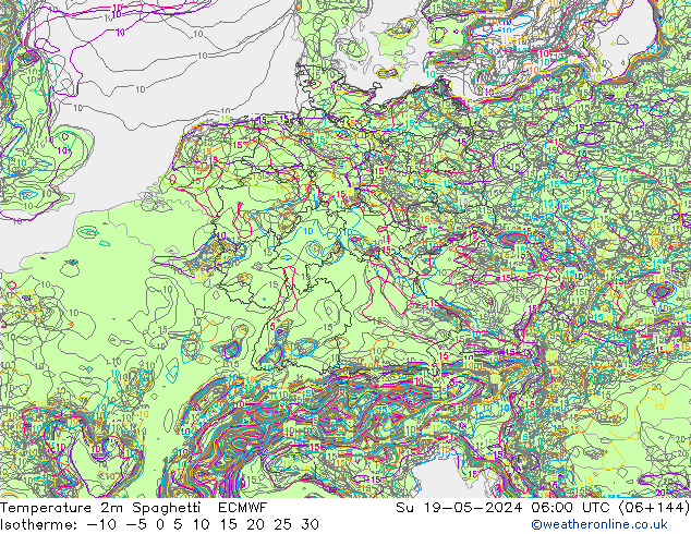 Temperature 2m Spaghetti ECMWF Su 19.05.2024 06 UTC
