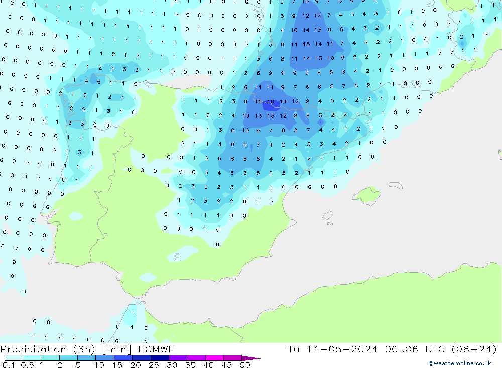 Precipitation (6h) ECMWF Út 14.05.2024 06 UTC