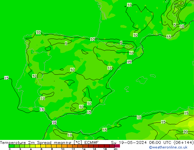 Sıcaklık Haritası 2m Spread ECMWF Paz 19.05.2024 06 UTC