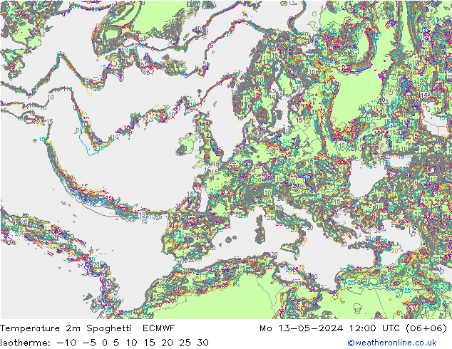Temperature 2m Spaghetti ECMWF Mo 13.05.2024 12 UTC