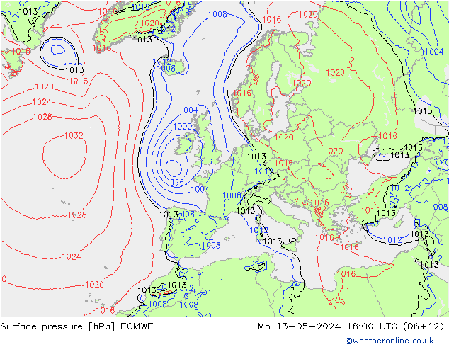 Bodendruck ECMWF Mo 13.05.2024 18 UTC
